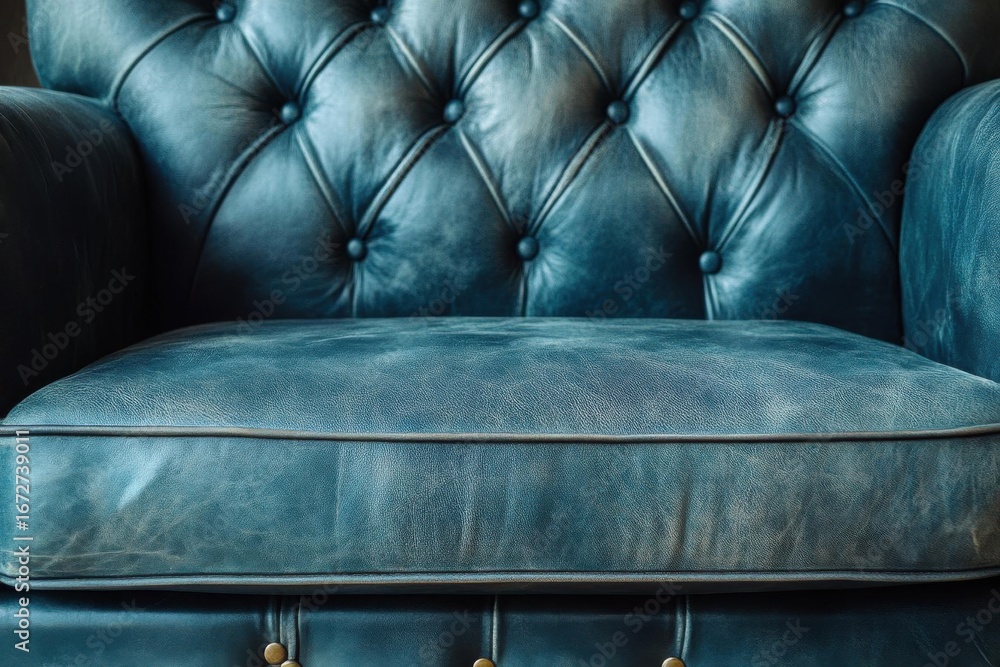 Obraz premium Relax In Vintage, Close up Luxurious Of blue Leather Chair, and buttoned Texture