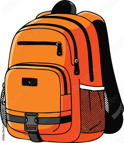 Vibrant orange backpack, detailed illustration, showing multiple compartments and straps.