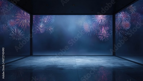 Empty room with fireworks display through glass walls