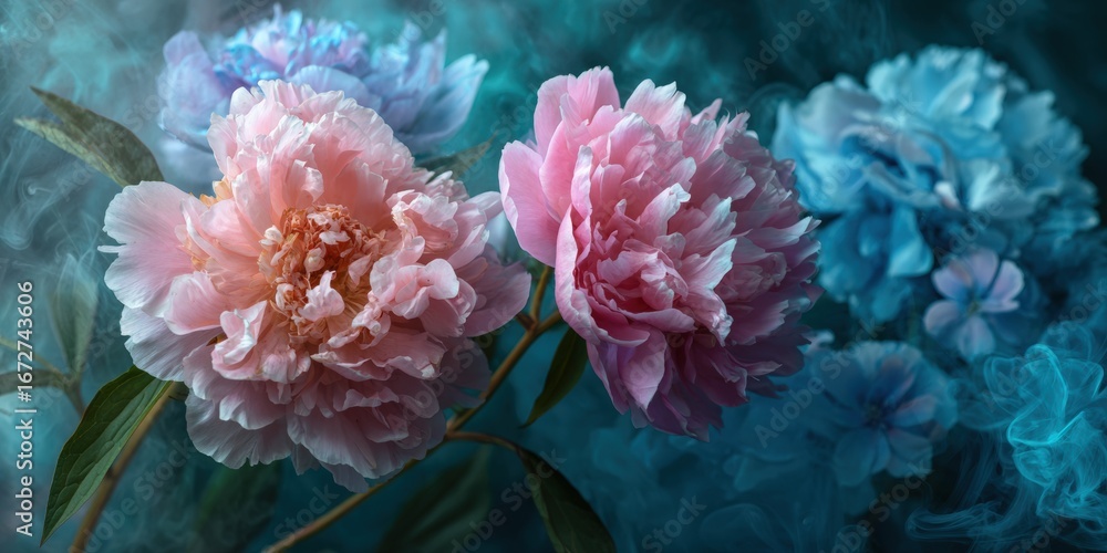 Obraz premium Delicate peonies in a teal-toned smoky backdrop