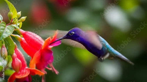Hummingbird Feeding Frenzy: Vibrant Violet Sabrewing Sipping Nectar from Fuchsia Flowers in Lush