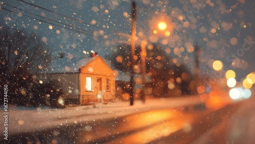 Fototapeta Naklejka Na Ścianę i Meble -  Snowy night street scene with a small house