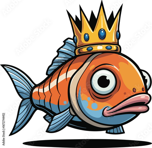 Cartoon fish wearing a golden crown, expressive face, stylized design.