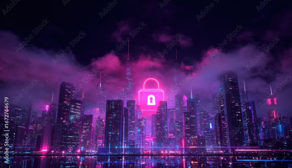 Obraz premium Neon cityscape at night with glowing padlock