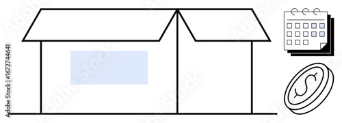 Open cardboard box, stack of calendars, and coin illustrate shipping logistics, planning, expenses, delivery deadlines, organization, e-commerce and savings. Ideal for business scheduling