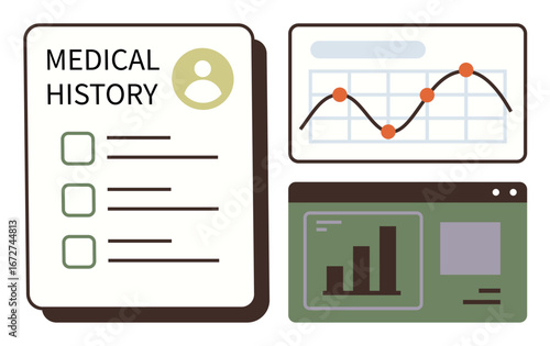Medical history document, line graph tracking health trends, and bar chart report. Ideal for healthcare, technology, diagnostics, data analytics, patient records, health monitoring digital