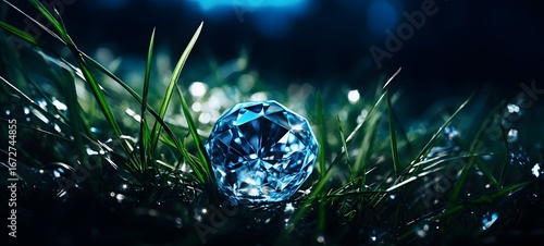 The black background contrasts sharply with the bright blue diamonds light emitted by grass,generative AI