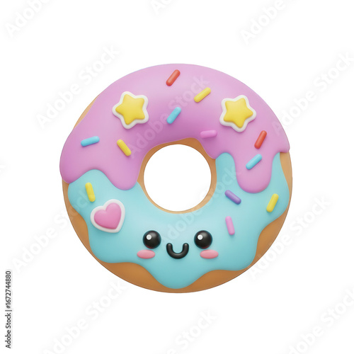 A cute kawaii donut with a smiling face, pink and blue icing, and colorful star and heart sprinkles on a white background.