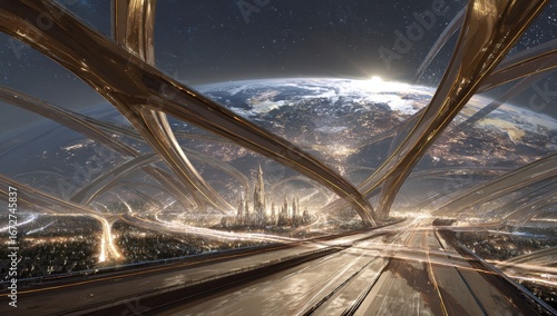 Futuristic city orbiting Earth