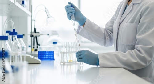Scientist meticulously conducts experiment with pipette in bright modern laboratory setting