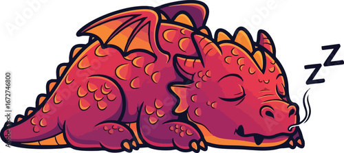 Adorable red dragon soundly asleep, curled up, emitting a small puff of smoke.