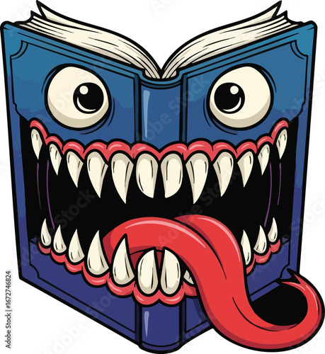 A monstrous book with sharp teeth and a long tongue, open and displaying its frightening features.