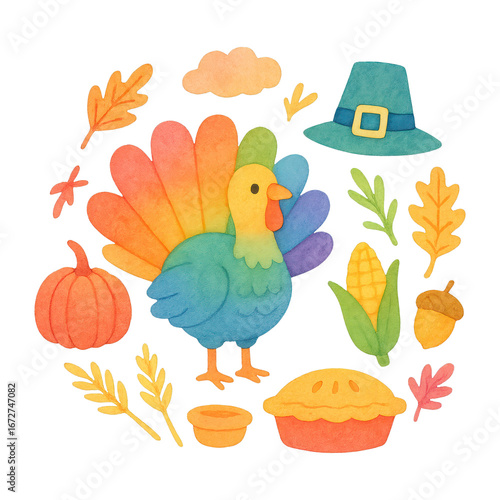 PNG Colorful Thanksgiving turkey illustration.