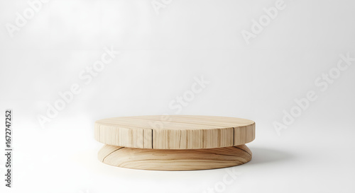 Round wooden podium with a level isolated on white background