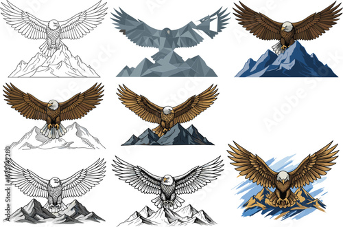Bald eagle with wings spread, perched and flying above mountain range, diverse artistic styles, color variations, detailed vector design, nature wildlife illustration set