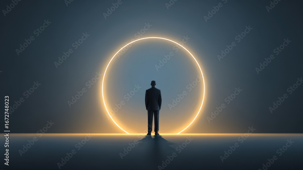 Obraz premium Person stands in dark space, gazing at glowing circular light. scene evokes feelings of contemplation and possibility, highlighting contrast between light and shadow