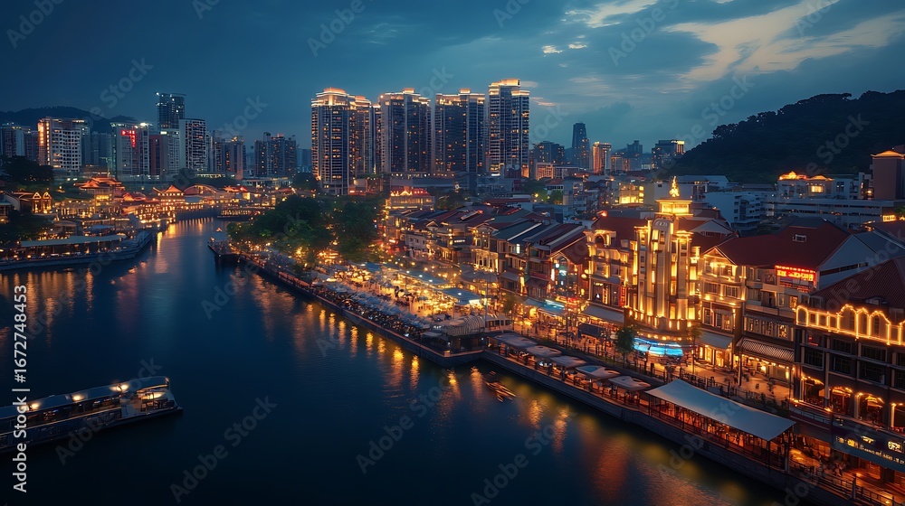 Naklejka premium Modern city dining street with stylish outdoor cafes at night image