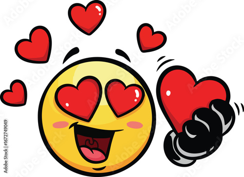 Happy emoticon surrounded by hearts, expressing love and affection.