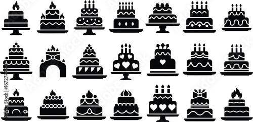 Collection of decorative cake illustrations for celebrations, birthdays, weddings, and other special occasions.