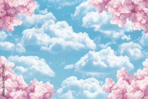 Pink blossom frame a cloudy Blue Sky, an airy Spring backdrop.