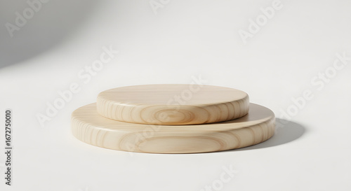 Round wooden podium with two levels isolated on white background