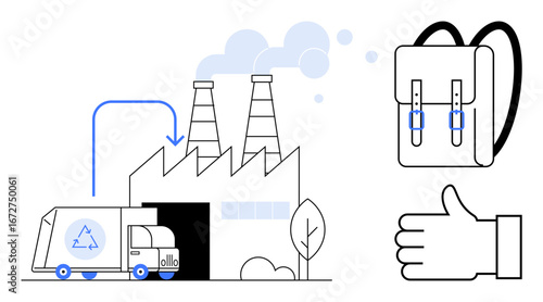 Factory with smokestacks processing recycling truck materials into eco-friendly backpack. Sustainability approval symbolized by thumbs up. Ideal for sustainability, recycling, eco-consciousness