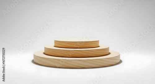 Round wooden podium with three levels isolated on white background