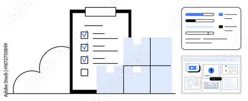 Checklist clipboard, stacked boxes, and digital dashboards representing task tracking, inventory organization, and workflow management. Ideal for logistics, planning, teamwork, productivity