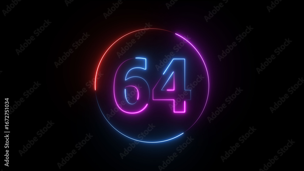 A dynamic circular illustration, and glowing neon number 64 illustration . on a black background. and creating a stunning illustration 4k illustration A dynamic circular illustration, and glowing neon number 64 illustration . on a black background. and creating a stunning illustration 4k illustration