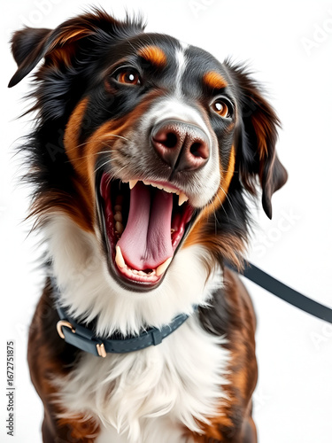 Passionate barking dog on leash, vividly expressing raw emotion against clean white backdrop