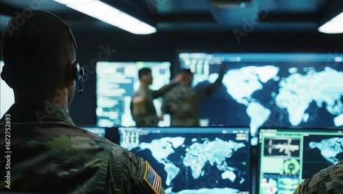 A military command center with soldiers and digital screens displaying maps