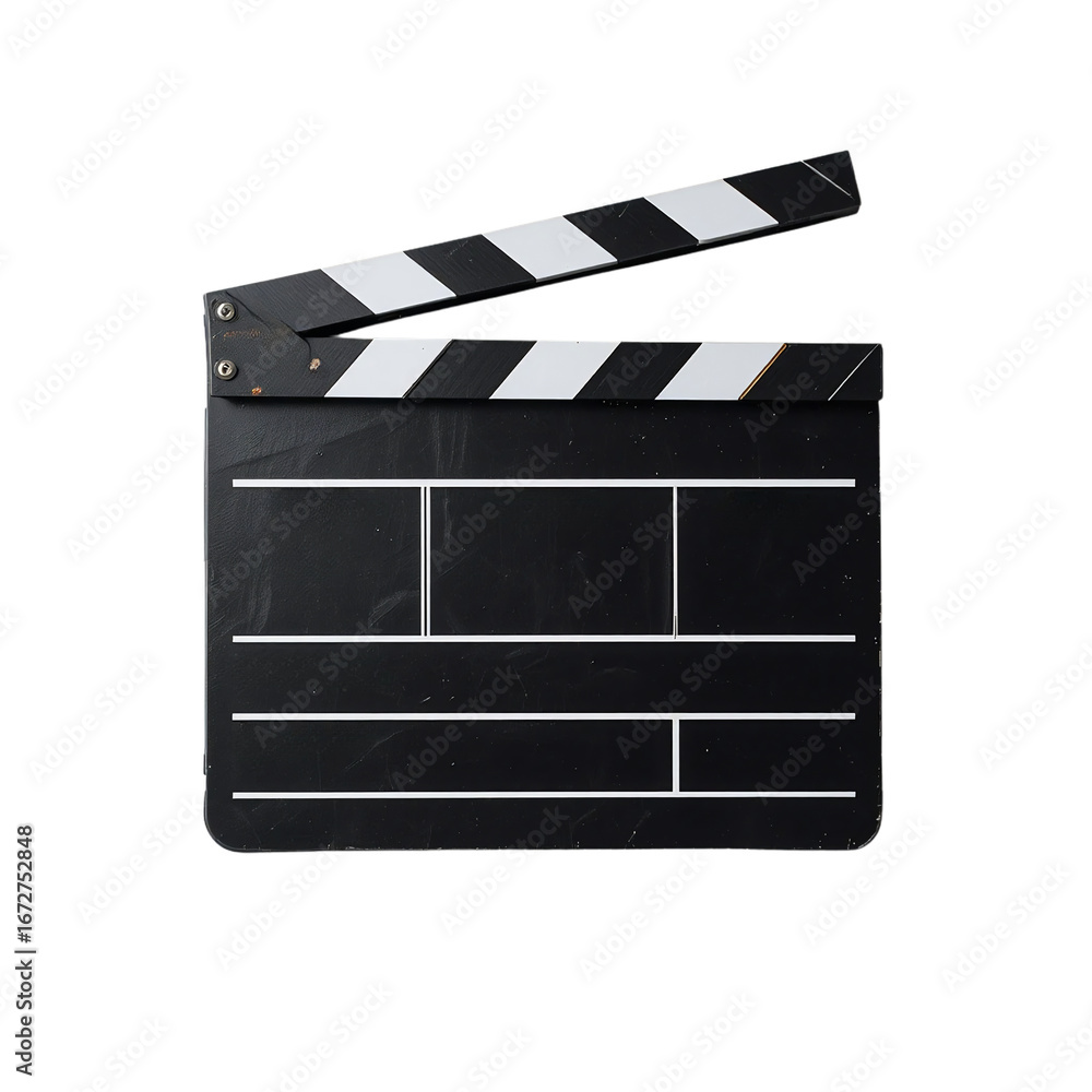 Fototapeta premium Black Film Clapperboard with Open Flap Striped Design Blank Slate Filmmaking