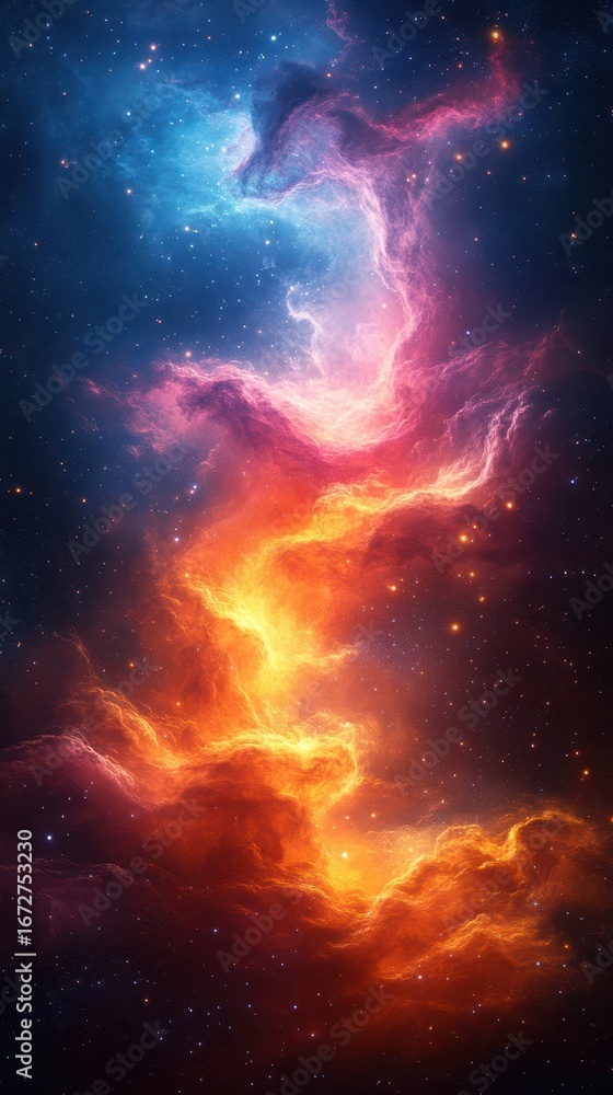 Fototapeta premium Vibrant cosmic clouds swirl in an ethereal dance of colors across the universe's backdrop