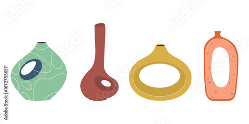 Set of modern decorative vases in abstract shapes. Stylish home decor illustration for posters, prints, interior design, and contemporary artwork.