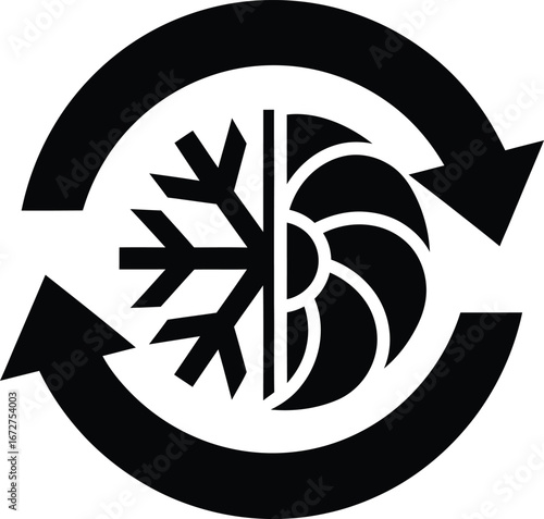 A black icon representing climate control, with a snowflake for cooling and a fan for heating, surrounded by circular arrows for HVAC systems.