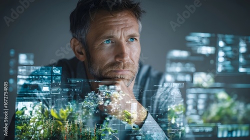 A professional man contemplating a holographic projection of a sustainable food supply chain model