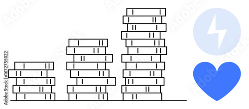 Stacked coins escalating in size beside a lightning symbol and heart. Ideal for finance, energy, growth, health, savings, investments, and a simple landing page