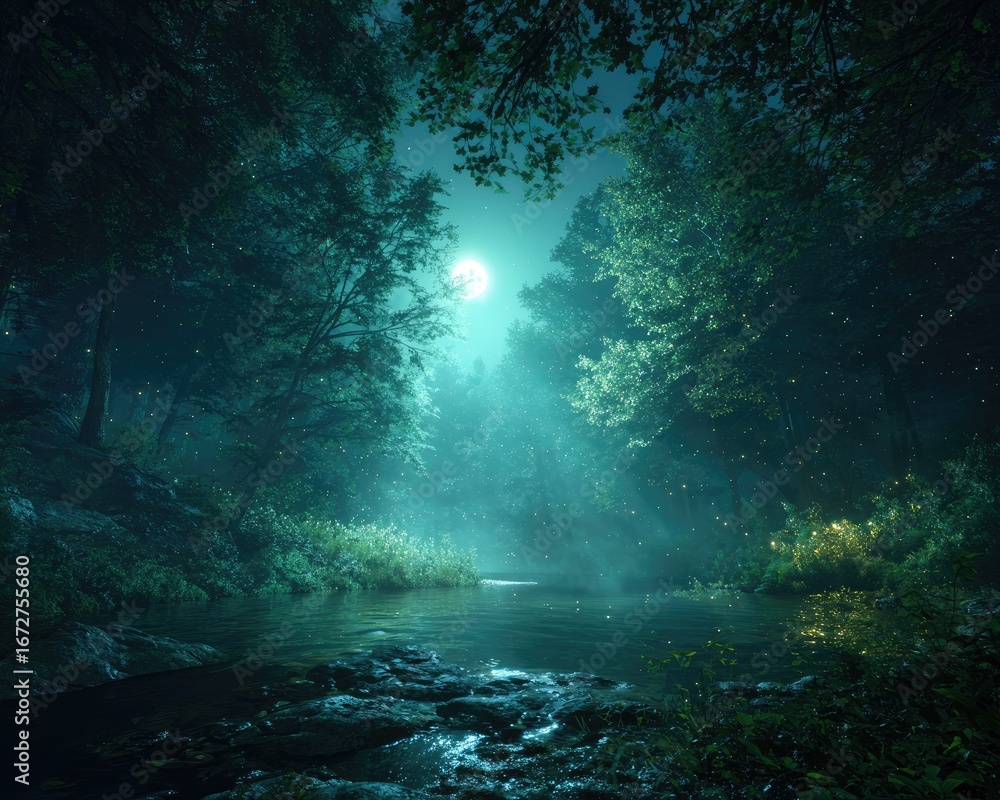 Obraz premium Mystical Forest Scene At Night With Moonlight And Glowing Insects