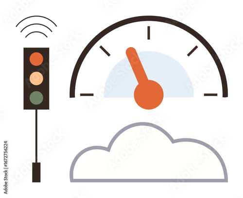 Speedometer with orange needle, smart traffic light with wireless waves, translucent cloud. Ideal for technology, IoT, smart systems, connectivity, performance automation cloud computing. Simple