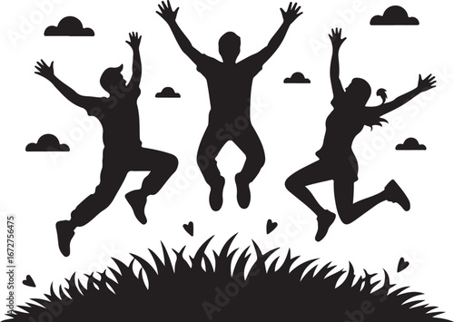 Group of people jumping with excitement celebrating success silhouette isolated on transparent background