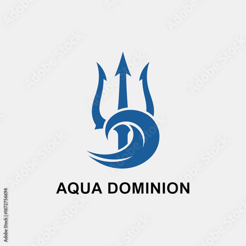 A striking logo featuring a trident piercing a wave, symbolizing Aqua Dominion.