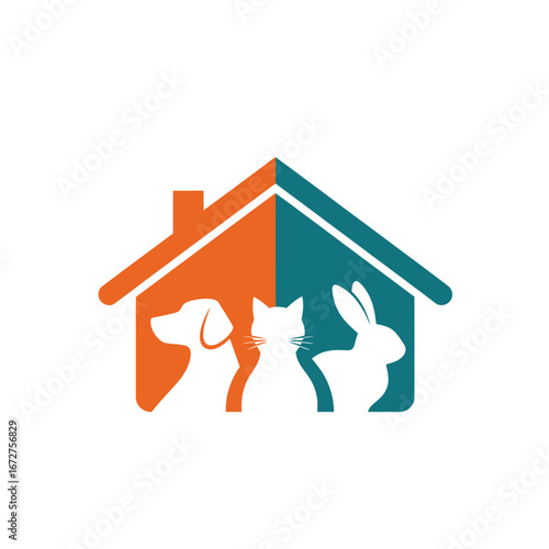 A heartwarming logo depicting a house with a dog, cat, and rabbit, symbolizing pet shelter or pet care.