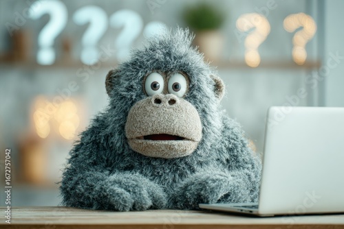 Adorable ape mimics human: a comical laptop encounter. Animal antics. Digital currency: financial liberation or clever manipulation. Ape fear. Comical ape.