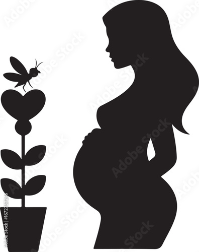 Pregnant woman silhouette holding a flower pot with love symbol isolated on transparent background