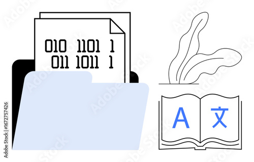 Open folder with binary documents and plant illustration near book with multilingual letters. Ideal for data processing, programming, translation, education, technology, digital organization, simple