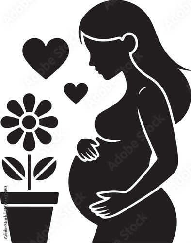 Pregnant woman silhouette with flower pot and heart icon isolated on transparent background