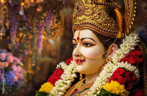 Navratri Sherawali Mata Durga Mata 3D Wallpaper, Divine Hindu Goddess Sculpture with Golden Crown, Floral Garland, and Spiritual Background for Religious Art and Festival Decoration 3d Illustration