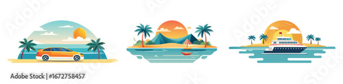 Island Vacation Set: A vibrant set of travel illustrations depicting different tropical scenes, each featuring serene oceans, sun-kissed beaches, and inviting palm trees.