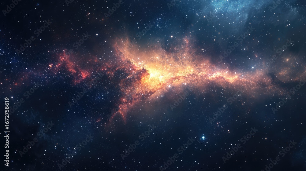 Obraz premium A starry sky with a large cloud of orange and yellow