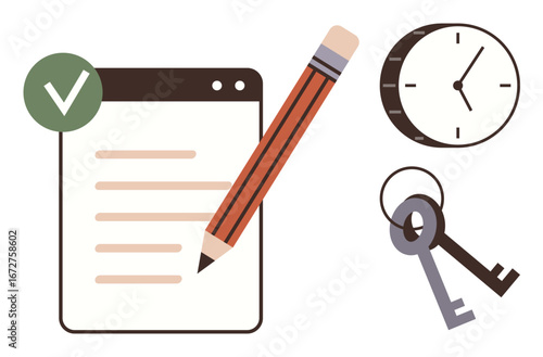 Checklist with green tick and pencil, clock showing time, pair of keys. Ideal for organization, productivity, planning, goals, deadlines access multitasking. Perfect simple flat metaphor